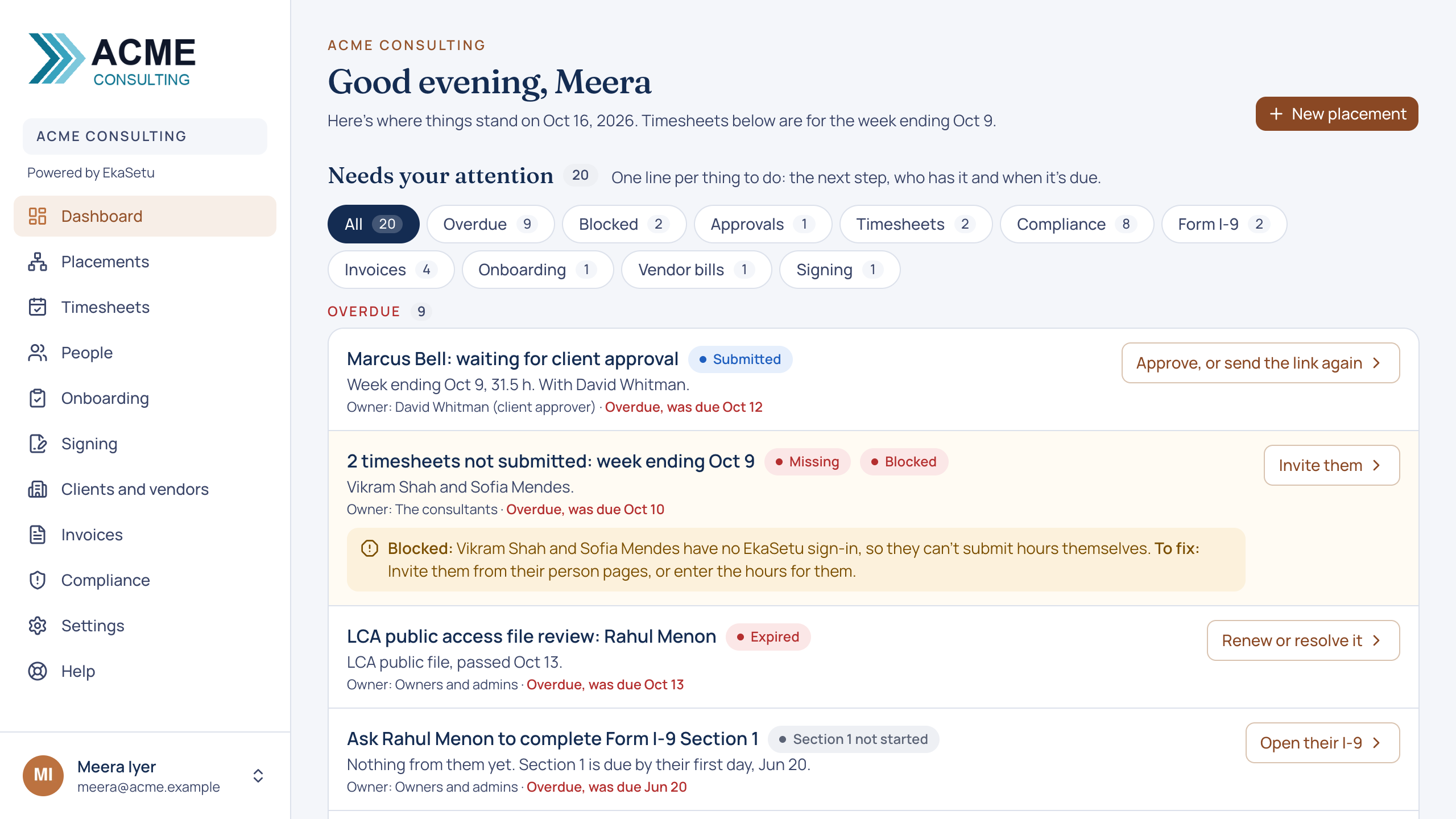 The EkaSetu dashboard for the sample company Acme Consulting: a Needs your attention list with counted tabs (Overdue, Blocked, Approvals, Timesheets, Compliance, Form I-9) and one line per task, such as a week waiting for client approval.